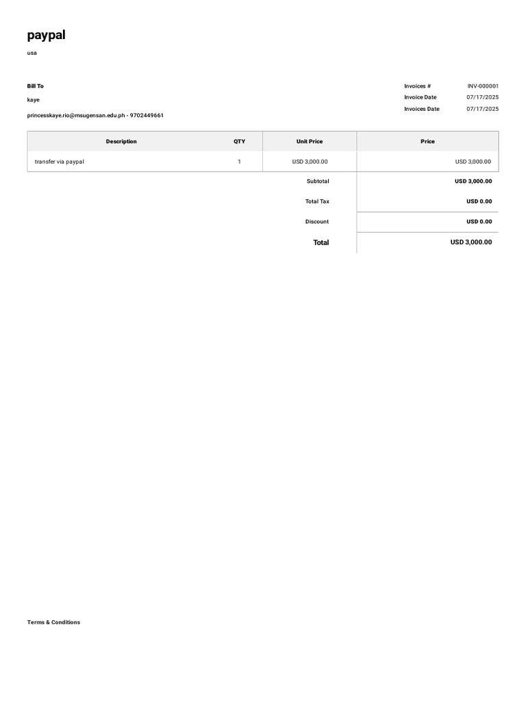 PayPal Invoice for $3,000 Transfer | PDF