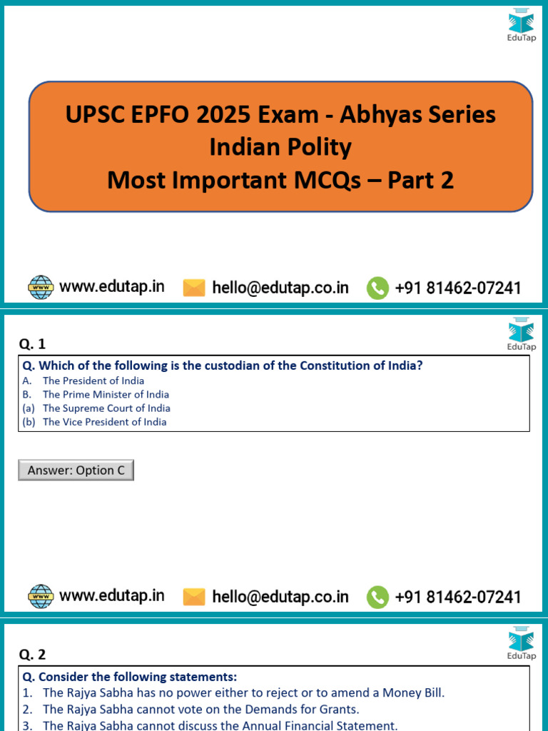 Indian Polity MCQs for UPSC EPFO 2025 | PDF | Government Of India ...