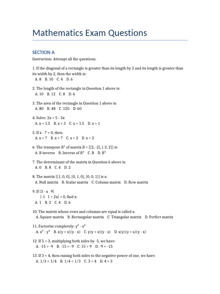 Mathematics Exam Questions and Solutions | PDF | Matrix (Mathematics ...