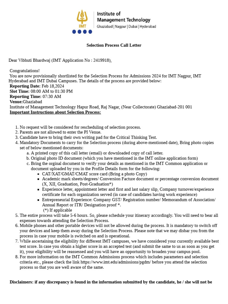 IMT Admissions 2024 Selection Call Letter | PDF