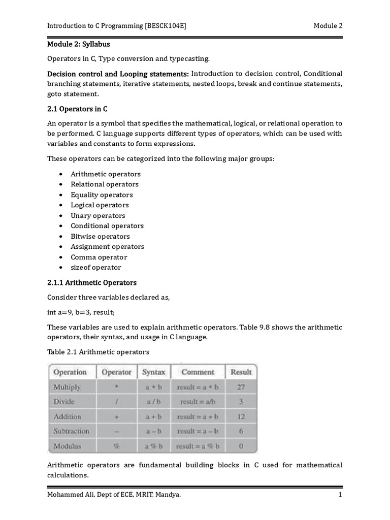 C Programming Module 2 Overview | PDF | Division (Mathematics ...