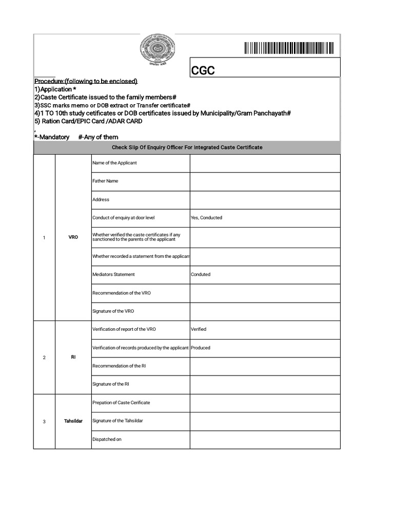 Integrated Caste Certificate Procedure | PDF