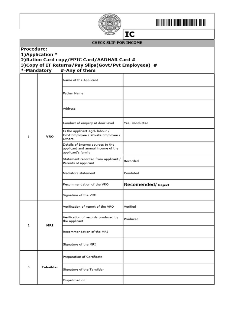 Income Certificate Check Slip Guide Document