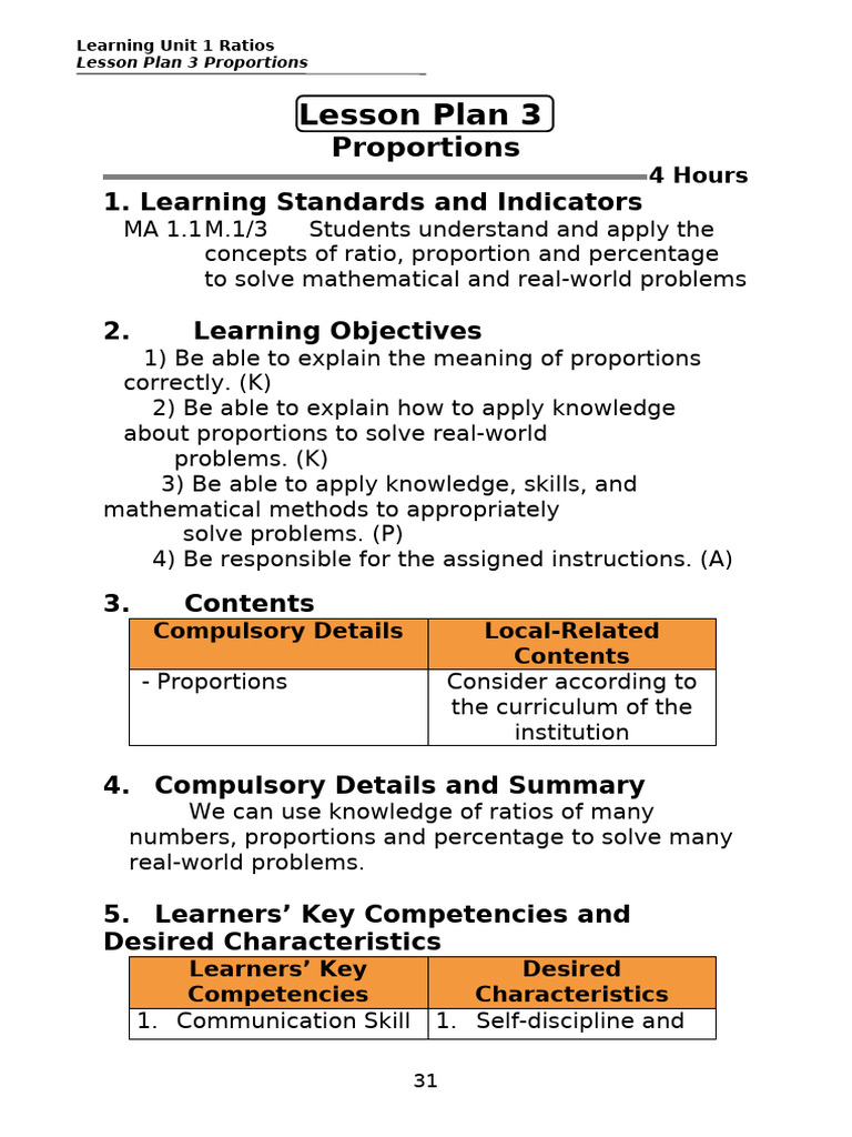 Lesson Plan 1-3 Proportions | PDF | Learning | Ratio