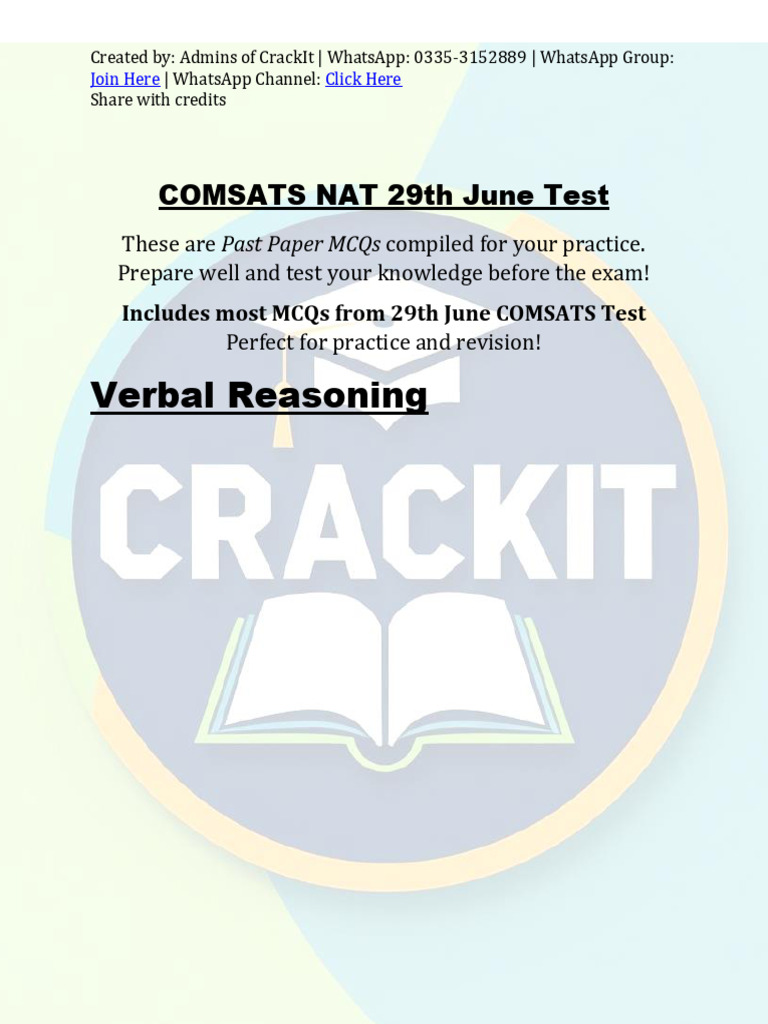 COMSATS NAT 2023 MCQs Practice Test | PDF