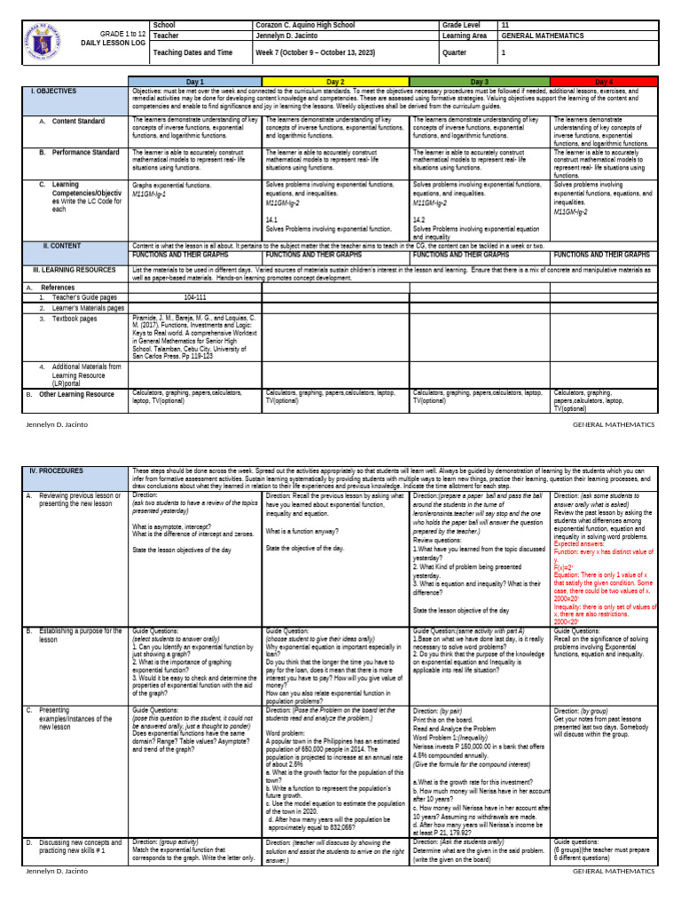 Grade 11 General Mathematics Lesson Plan | PDF | Function (Mathematics ...