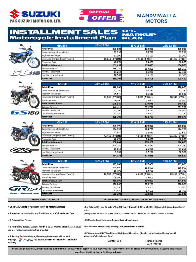Suzuki Motorcycle Installment Plans 2025 | PDF | Fee | Payments
