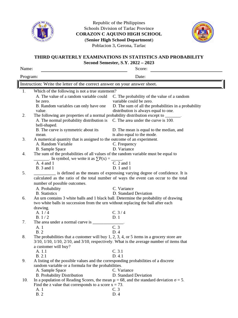 Normal Distribution Exam Questions | PDF | Normal Distribution ...