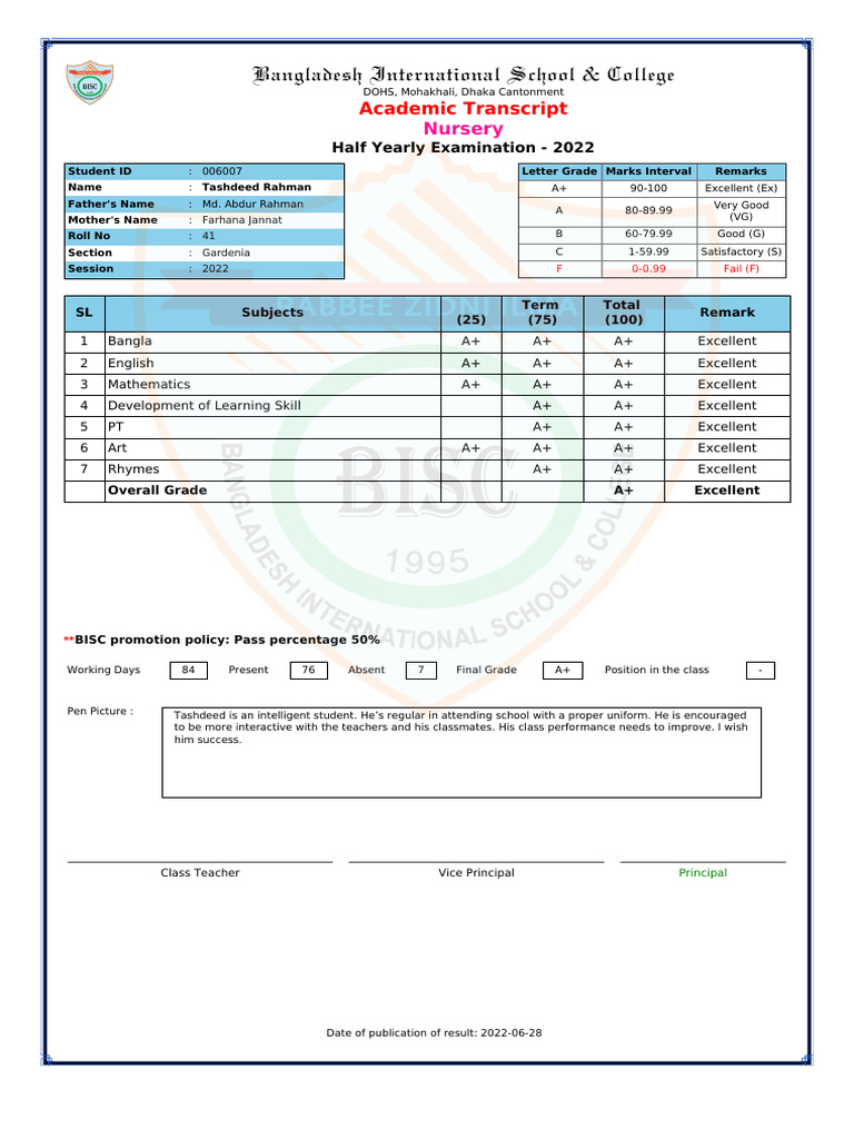 Bangladesh Nursery Academic Transcript | PDF | Bangladesh