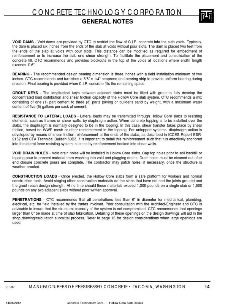 Hollow Core Slab Installation Details | PDF | Concrete | Composite Material