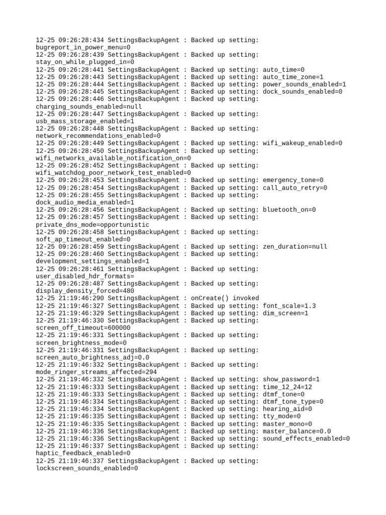 Android Settings Backup Log | PDF