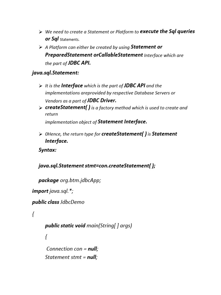 JDBC Statement Execution Guide | PDF | Sql | Boolean Data Type