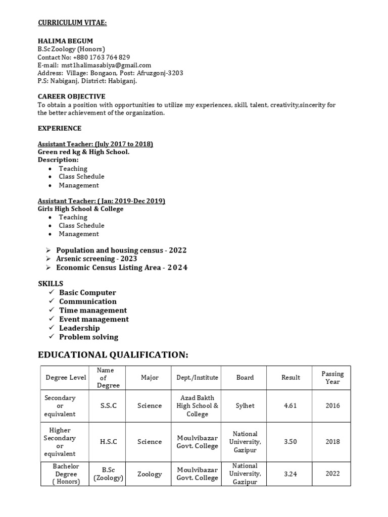 Halima Begum's CV: Zoology Graduate | PDF