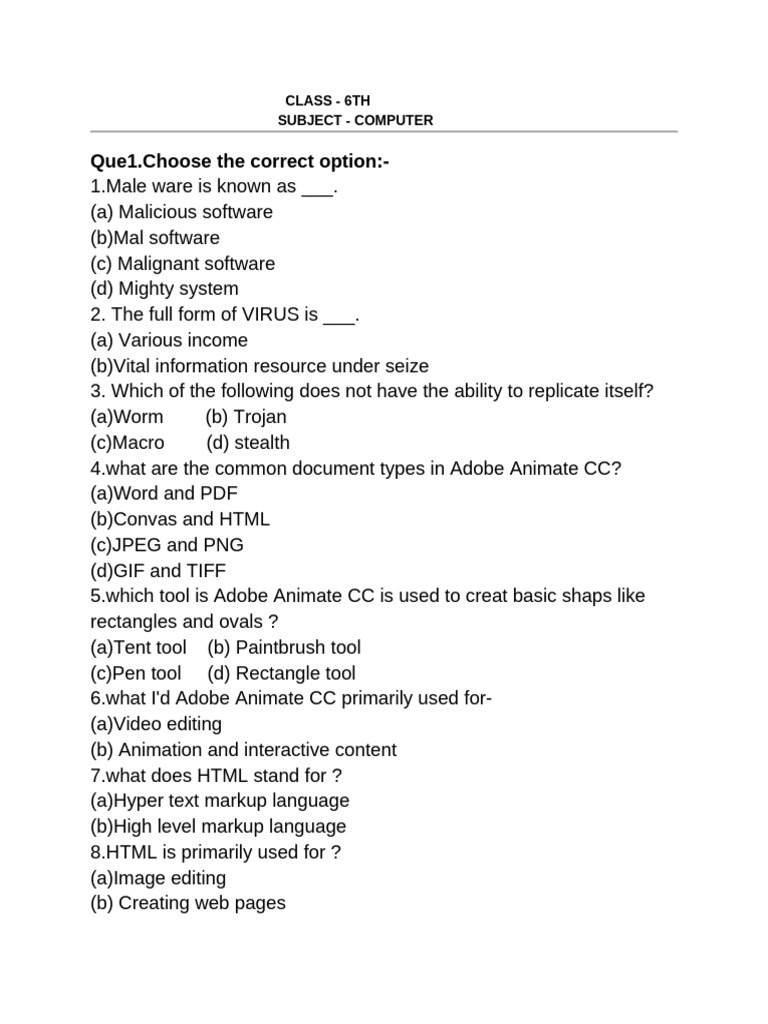 6th Grade Computer Basics Quiz | PDF