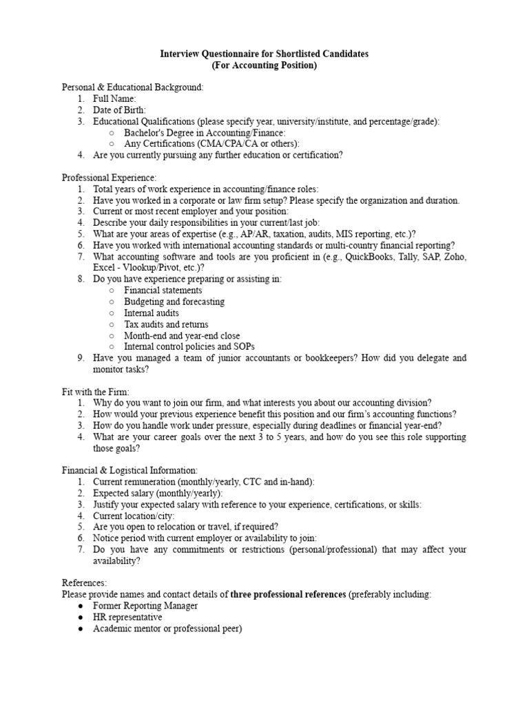 Accounting Interview Questionnaire Template | PDF | Accountant | Accounting