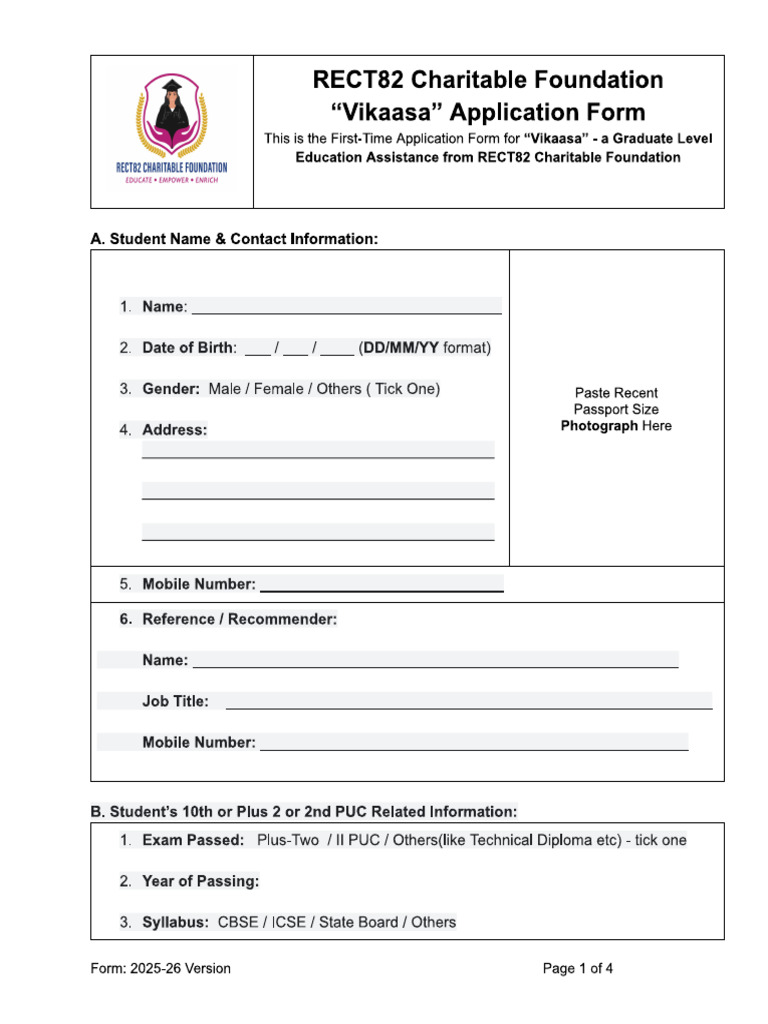 RECT82CF-Vikaasa Application Form 2025 | PDF