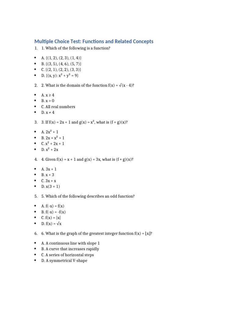 Functions and Related Concepts Test | PDF