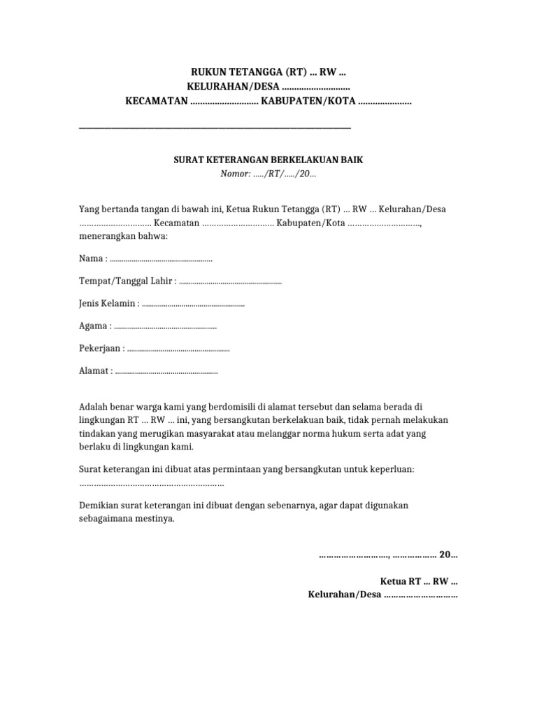 Surat Keterangan Berkelakuan Baik RT | PDF