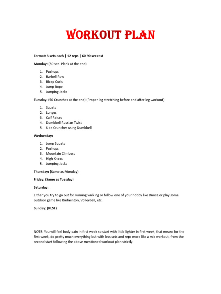 Weekly Workout Plan for Fitness | PDF