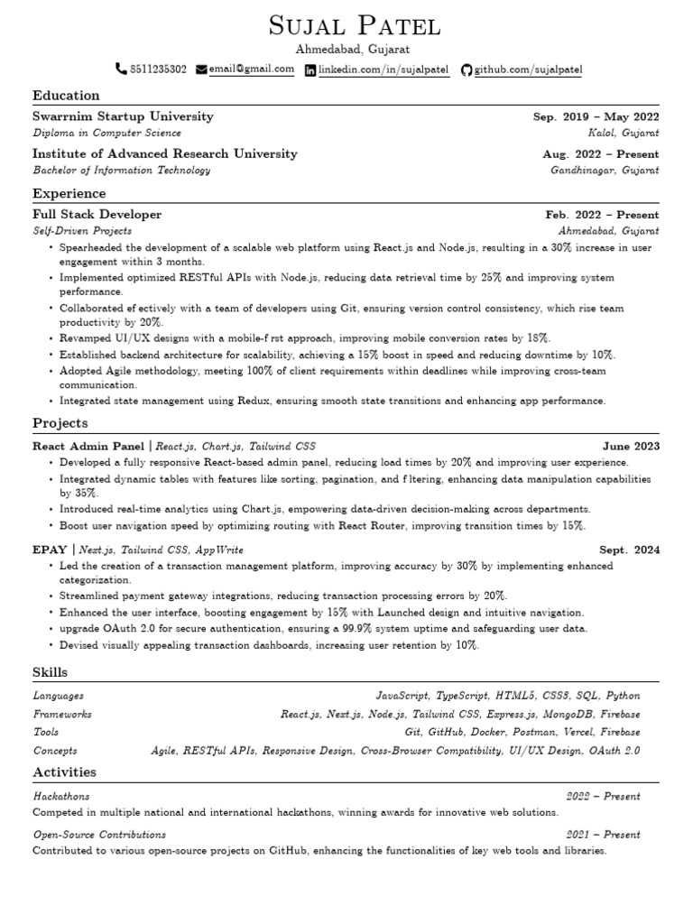 Full Stack Developer Resume - Sujal Patel | PDF | Information ...