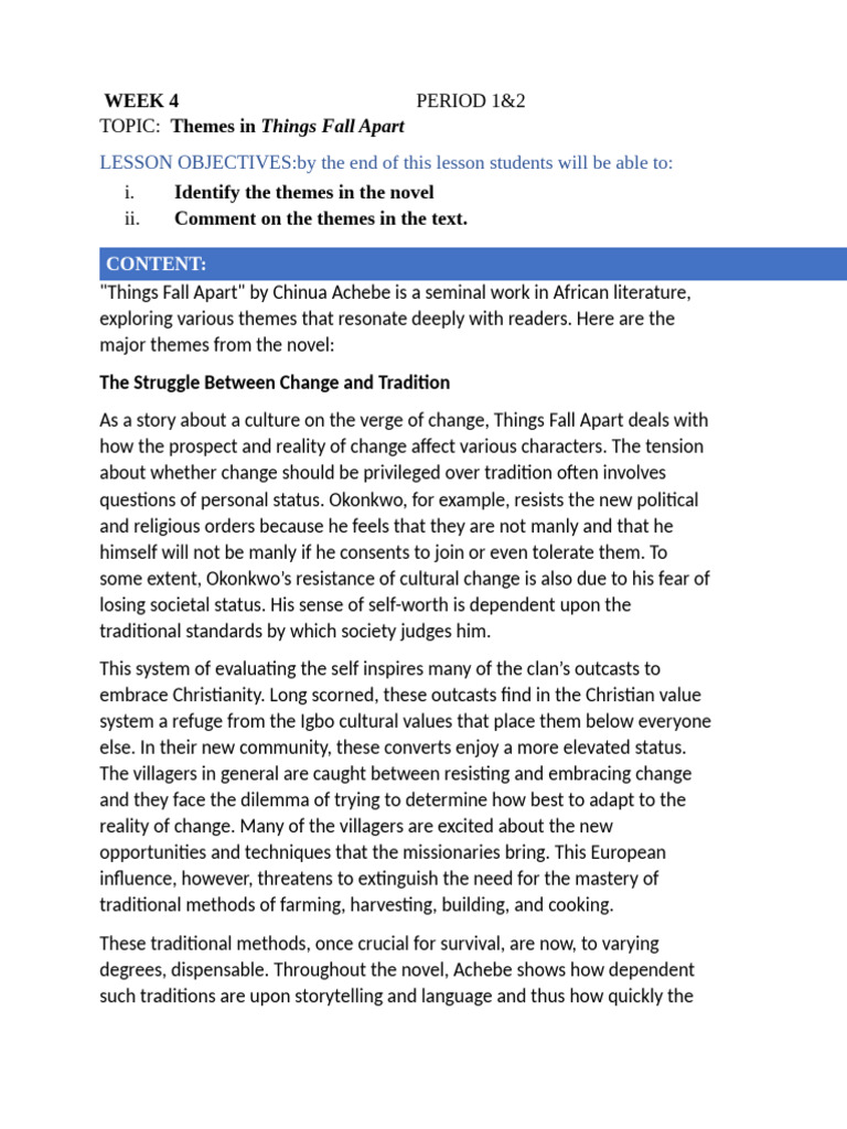 Themes in Things Fall Apart Explained | PDF | Igbo People | Masculinity