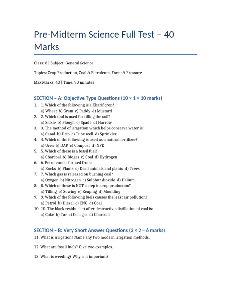 Class 8 Science Pre-Midterm Test Guide | PDF | Coal | Fuels