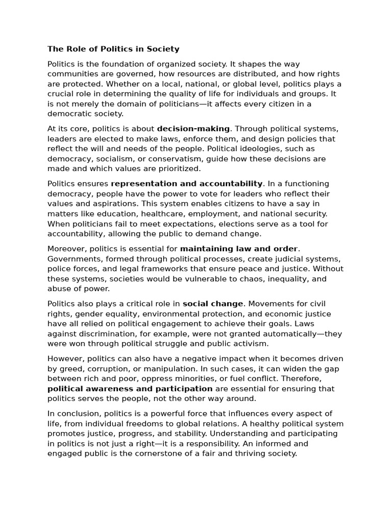 Importance of Politics in Society | PDF | Democracy | Political Ideologies