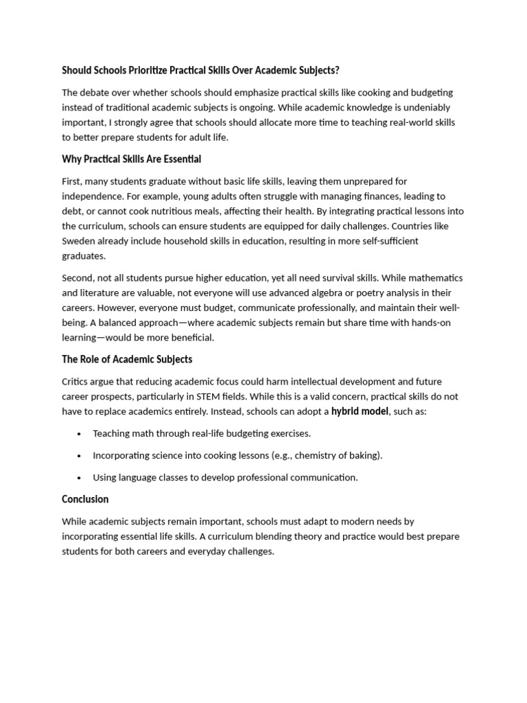 Should Schools Prioritize Practical Skills Over Academic Subjects | PDF