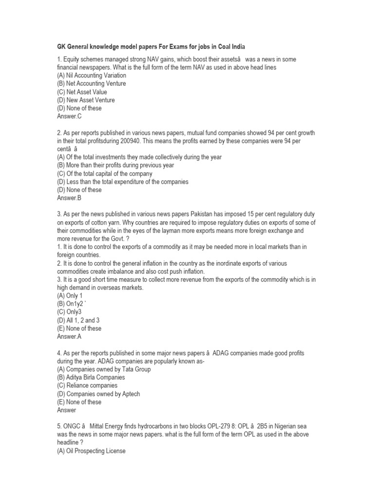 GK General Knowledge Model Papers For Exams For Jobs in Coal India ...