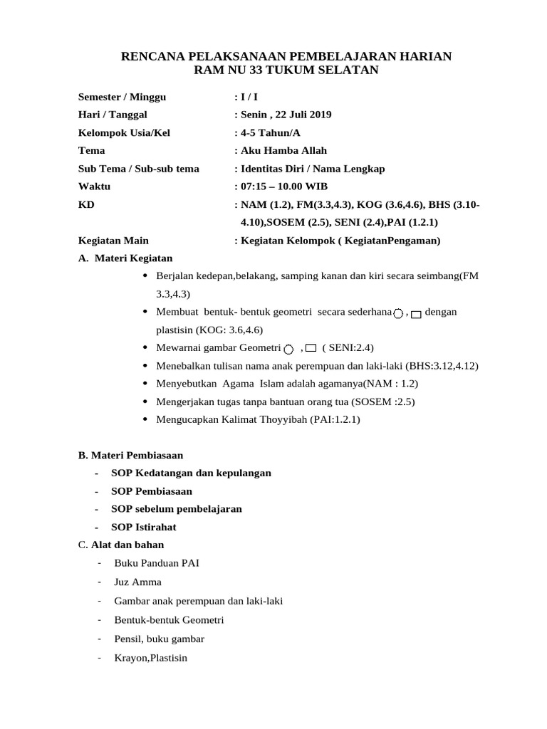 Rencana Pembelajaran Anak 4-5 Tahun | PDF