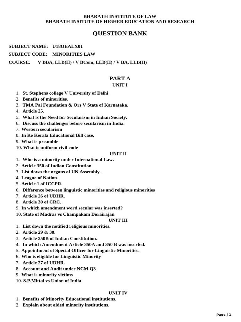 Minorities Law Question Bank | PDF | Minority Group | Human Rights