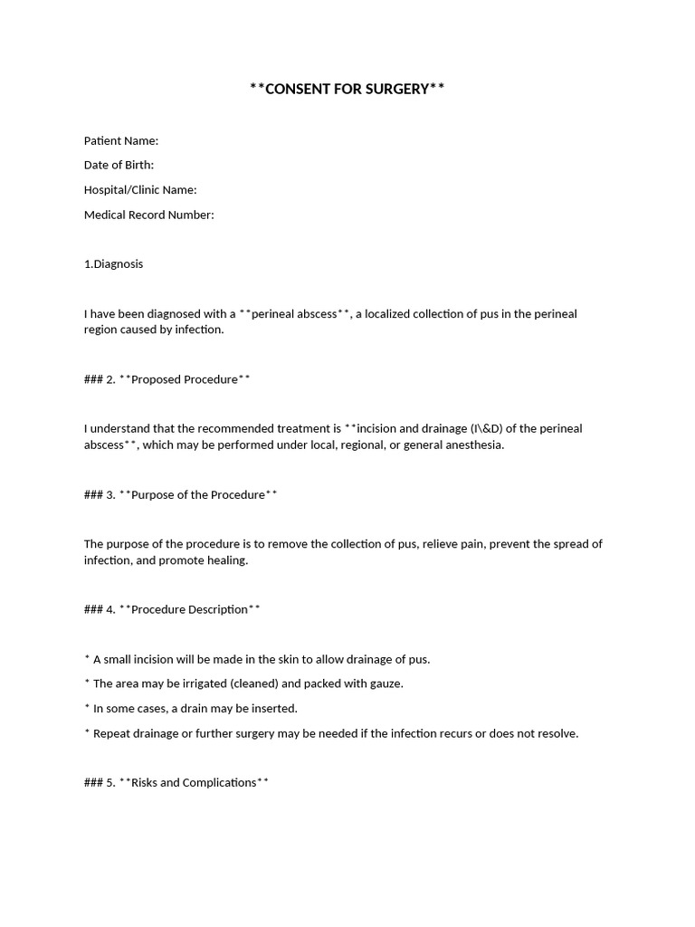 Perineal Abscess I&D Consent Form | PDF | Surgery | Medicine