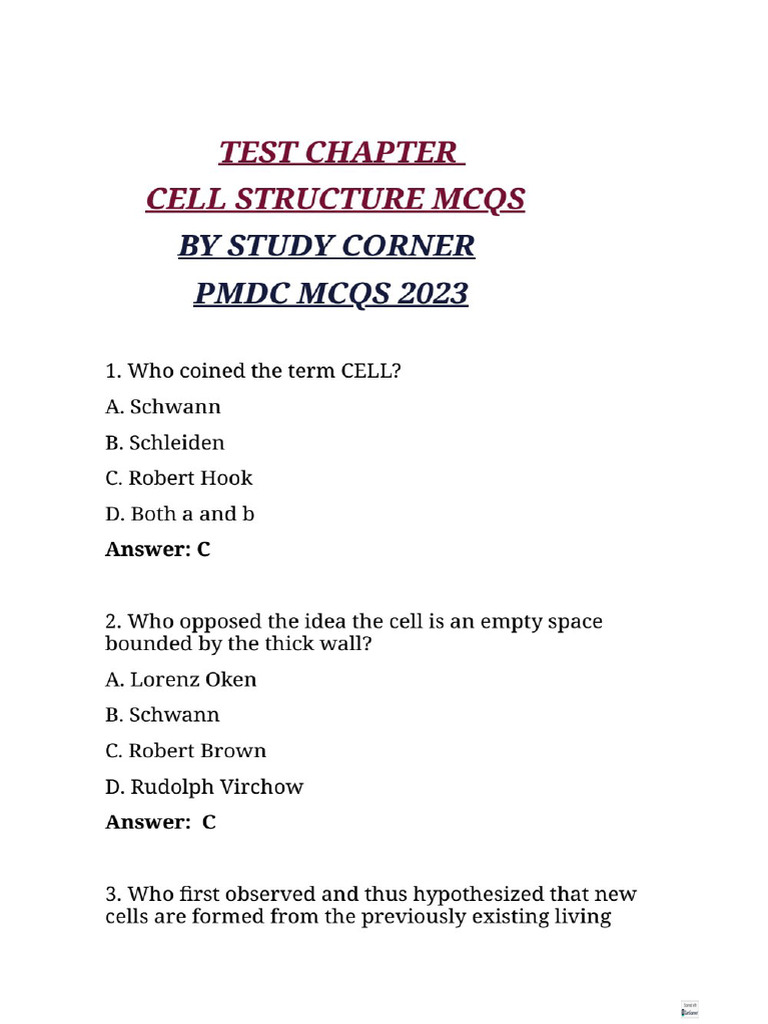 Test Chapter Cell Structure Mcqs PMDC 2023 by STUDY CORNER | PDF