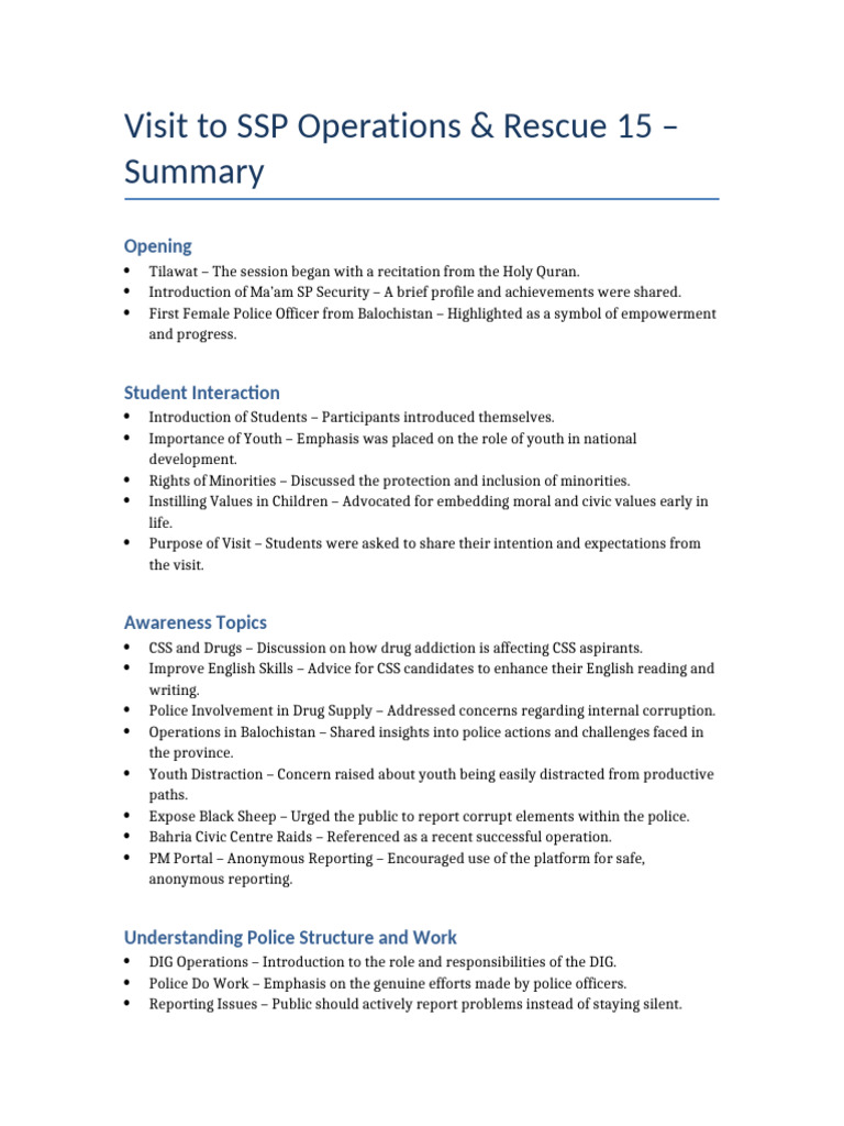 SSP Operations Visit Summary | PDF | Inspector | Criminal Justice