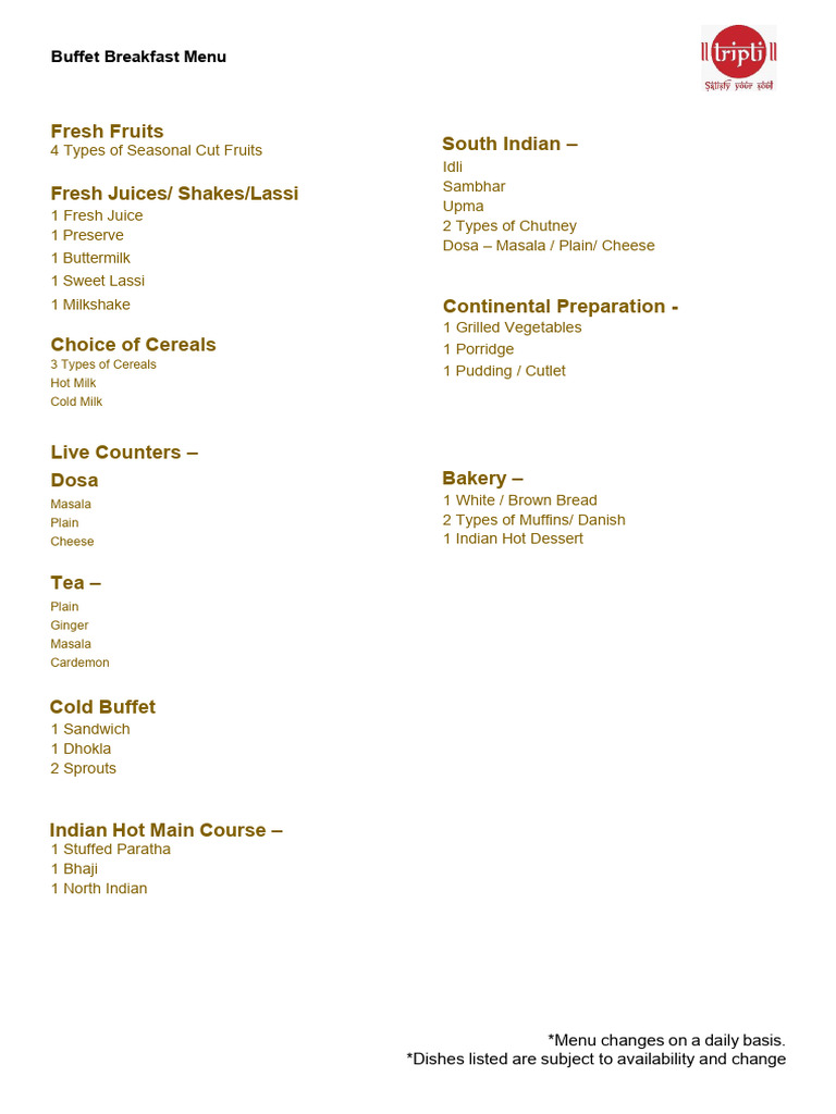 Daily Buffet Breakfast Menu Options | PDF