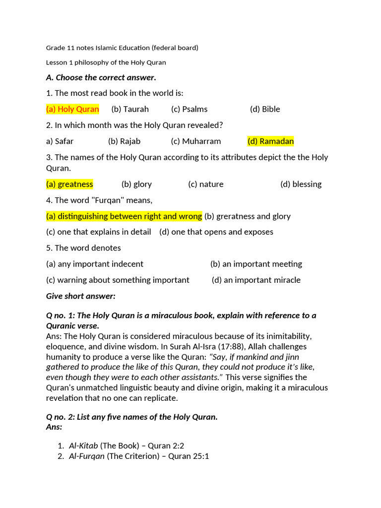 Grade 11 Islamic Education Notes | PDF | Quran | Islam
