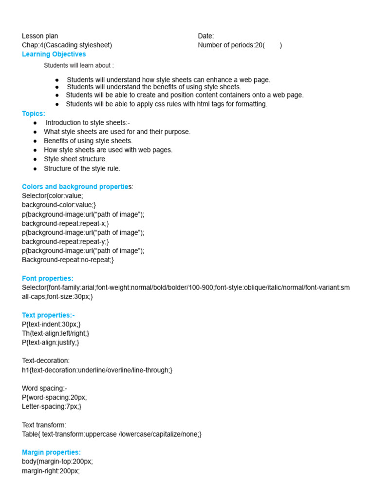 CSS Lesson Plan for Web Design | PDF