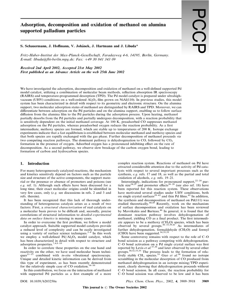 Methanol Adsorption on Pd/Alumina Catalyst | PDF | Adsorption | Catalysis