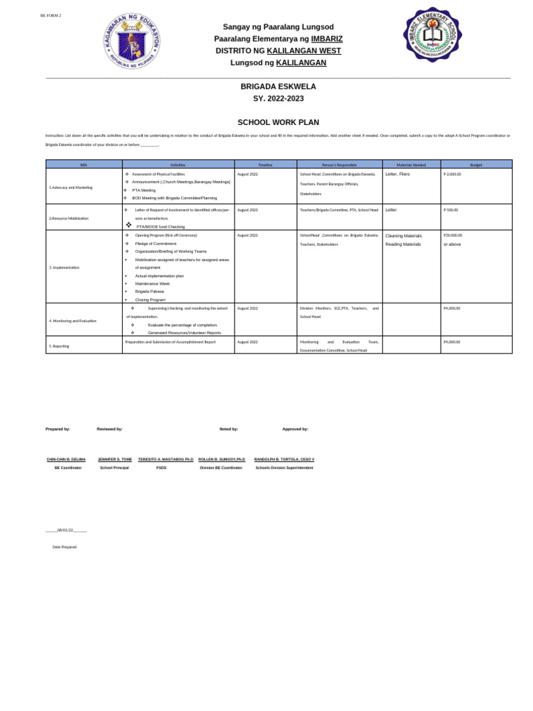 Brigada Eskwela Work Plan 2022-2023 | PDF