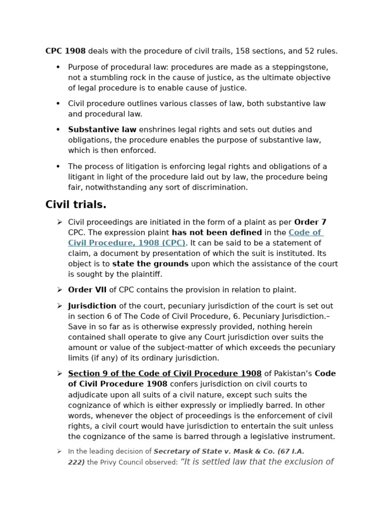 Overview of Civil Procedure Code 1908 | PDF | Lawsuit | Jurisdiction