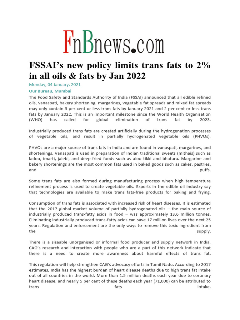 Fssai News Policy FNB 04-01-2020 | PDF | Trans Fat | Fat