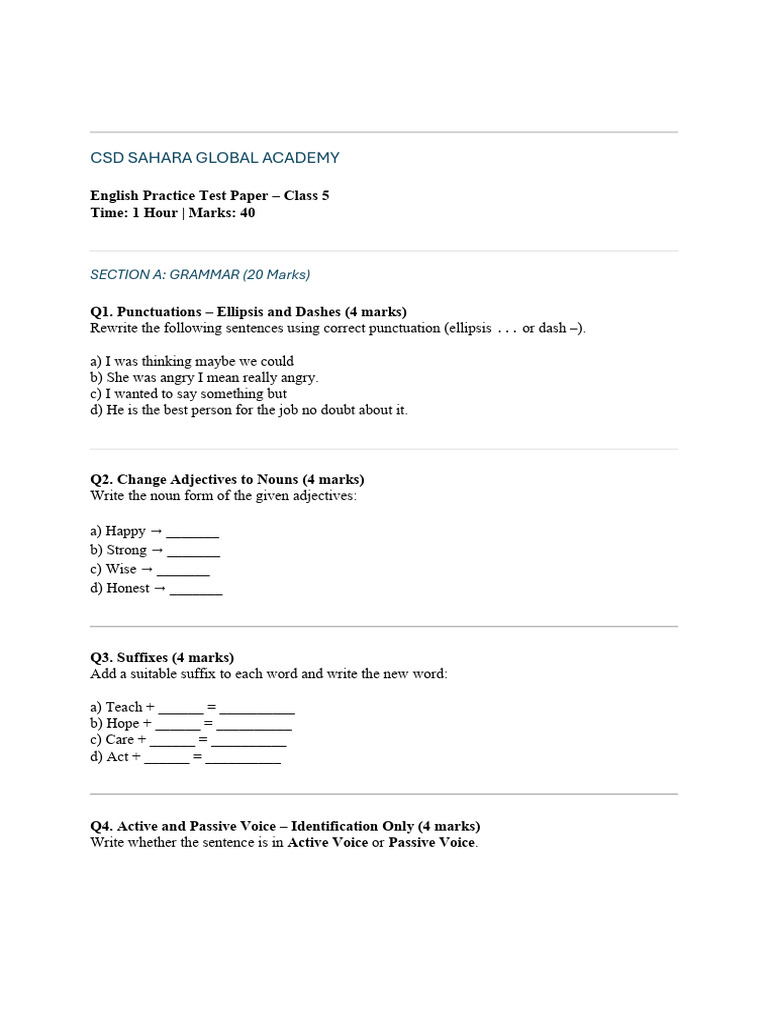Class 5 English Practice Test Paper | PDF | Adverb | Adjective