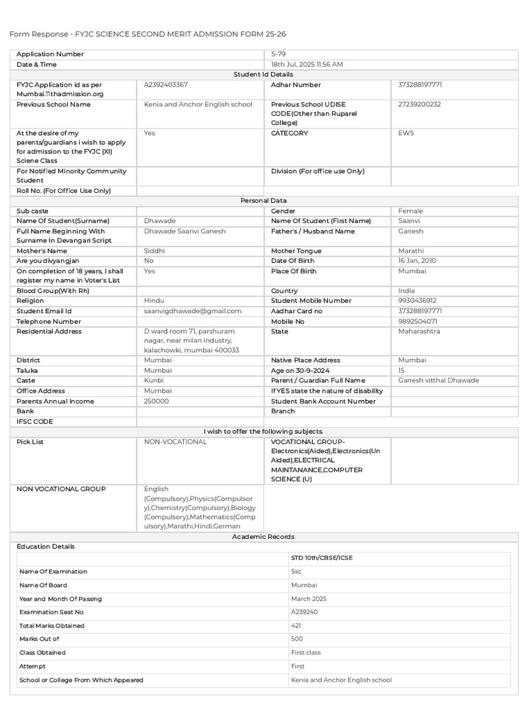 Ruparel FYJC Science Admission Form 2025 | PDF