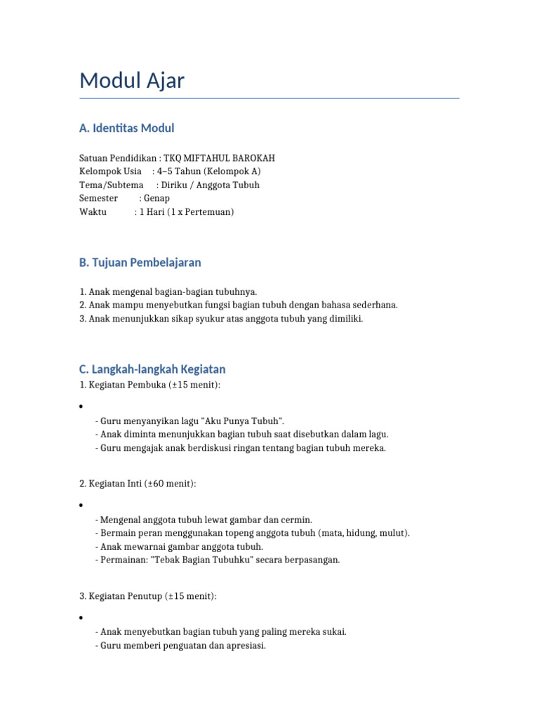 Modul Ajar Paud Tema Diriku Pdf