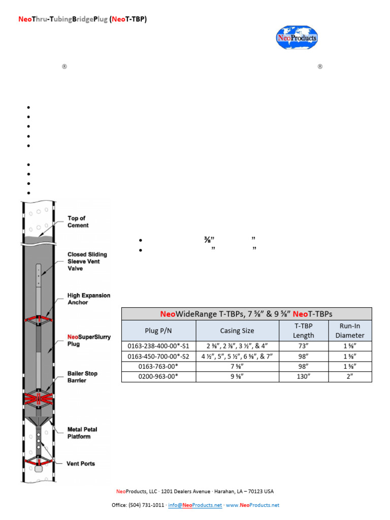 NeoWideRange Thru-Tubing Bridge Plugs | PDF | Equipment | Mechanical ...