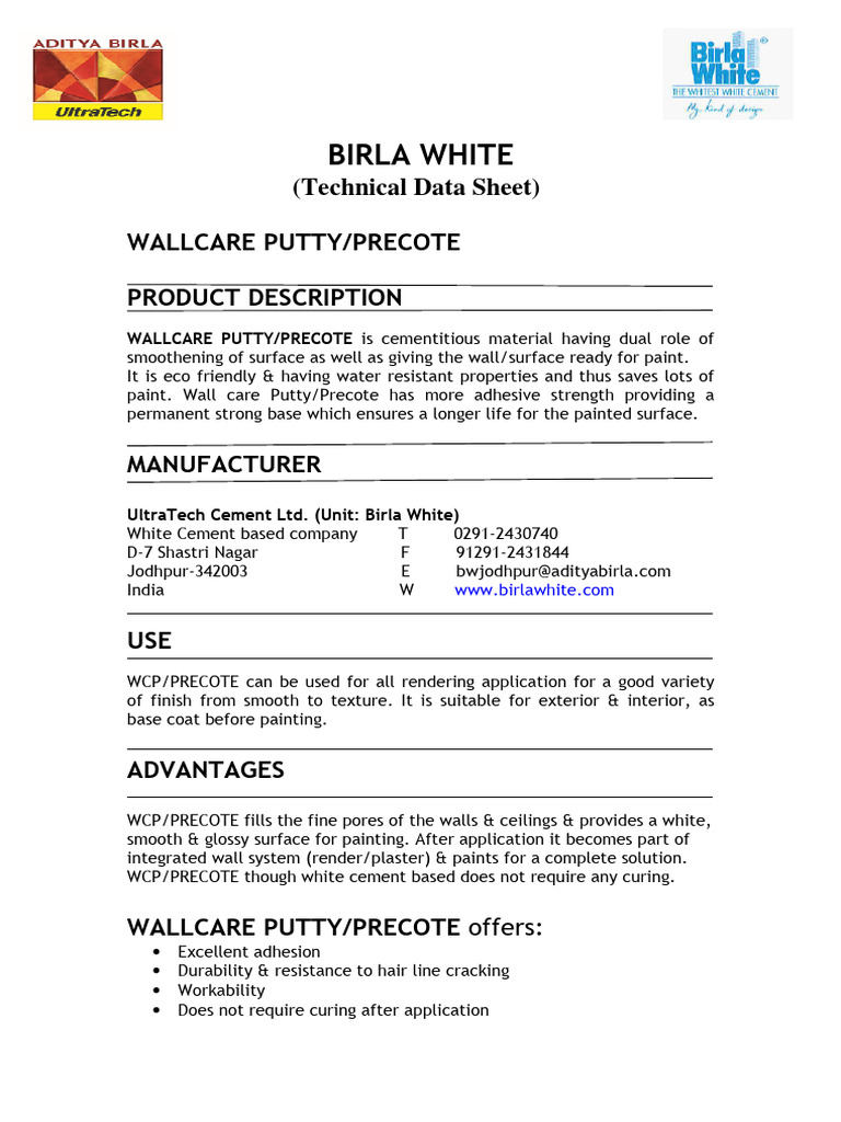 Birla White Wallcare Putty Overview | PDF | Paint | Cement