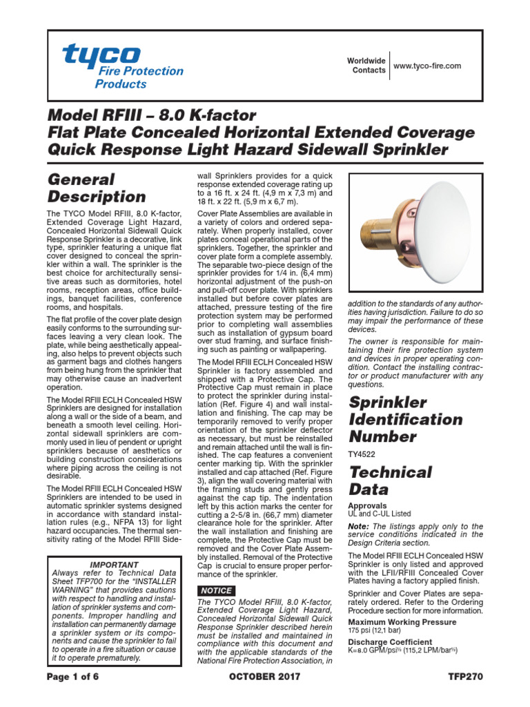 Tyco RFIII Concealed Sidewall Sprinkler | PDF | Fire Sprinkler System ...