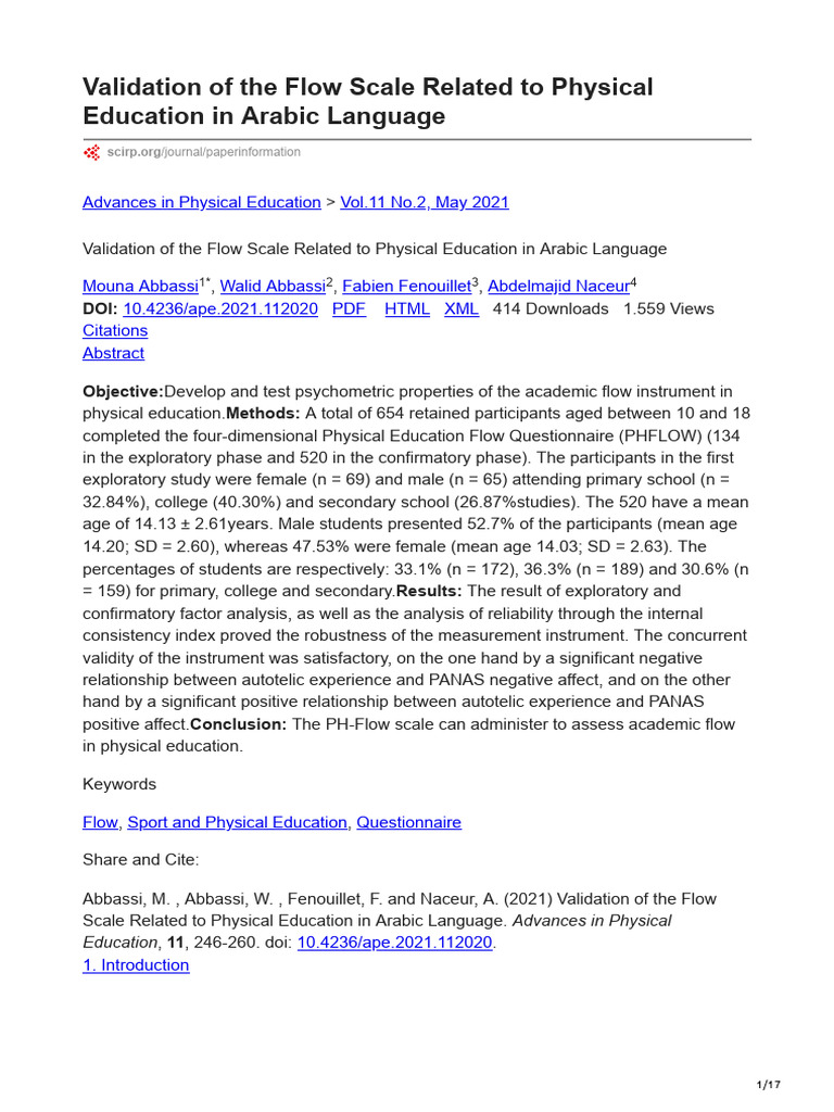 Validation of The Flow Scale Related To Physical Education in Arabic ...