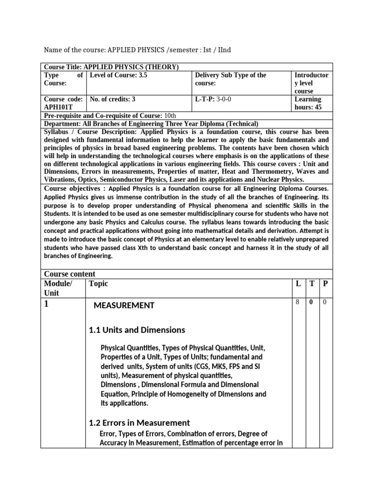 Diploma Applied Physics Syllabus 2025 | PDF | Physics | Heat