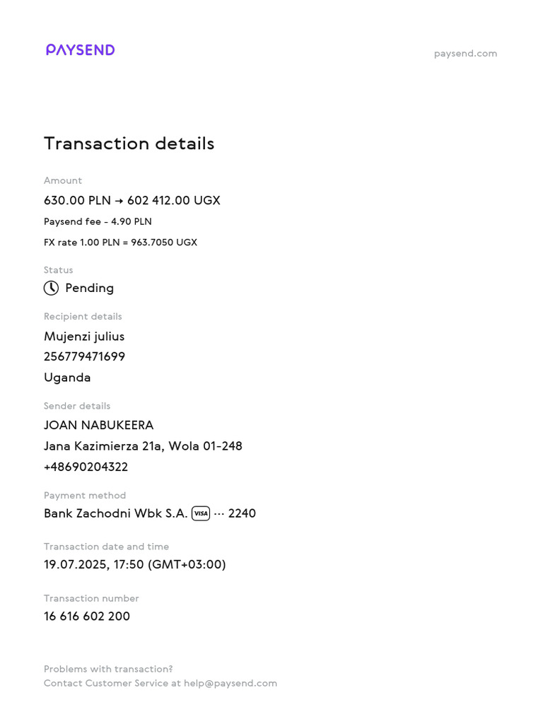 Paysend Transaction Receipt Details | PDF